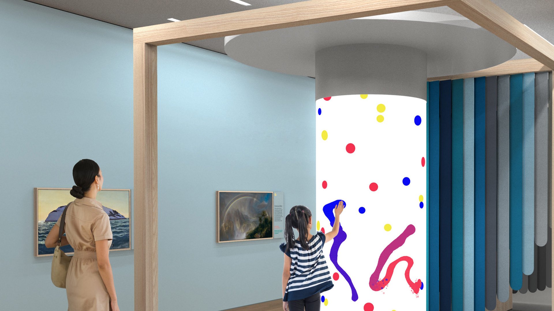 de Youngsters Studio: two people in a modern gallery room with a colorful blue and purple digital display wall