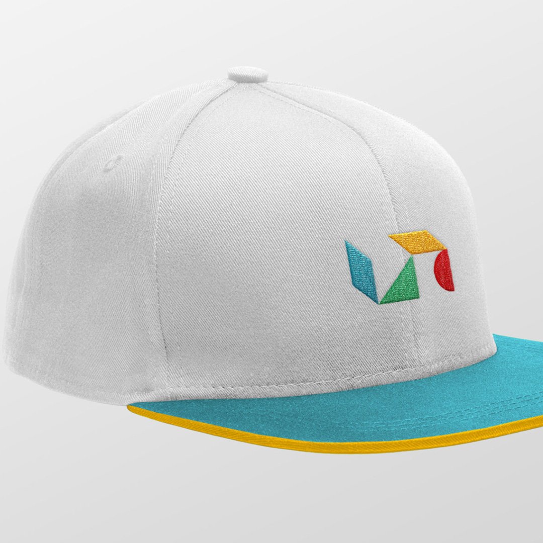 Two hats with logos on a white background, one blue and one white-turquoise.