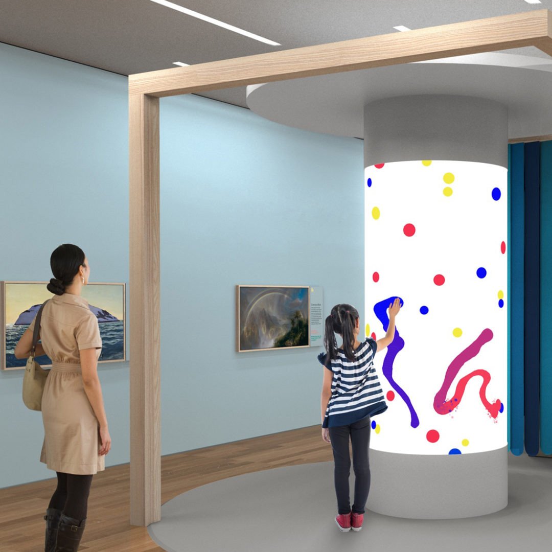 de Youngsters Studio: two people viewing a large digital art piece displayed on a modern gallery room wall