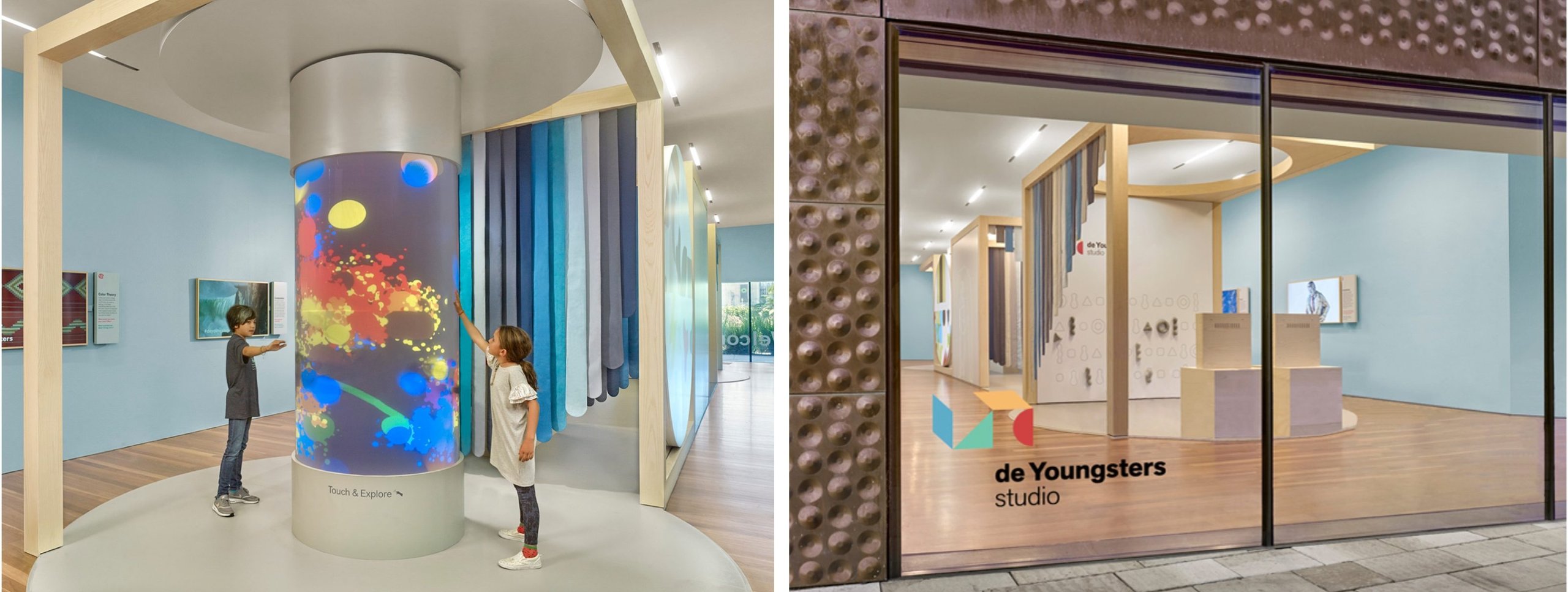 Deyoungster case study modern interior design space showing person standing before a colorful sculpture installation