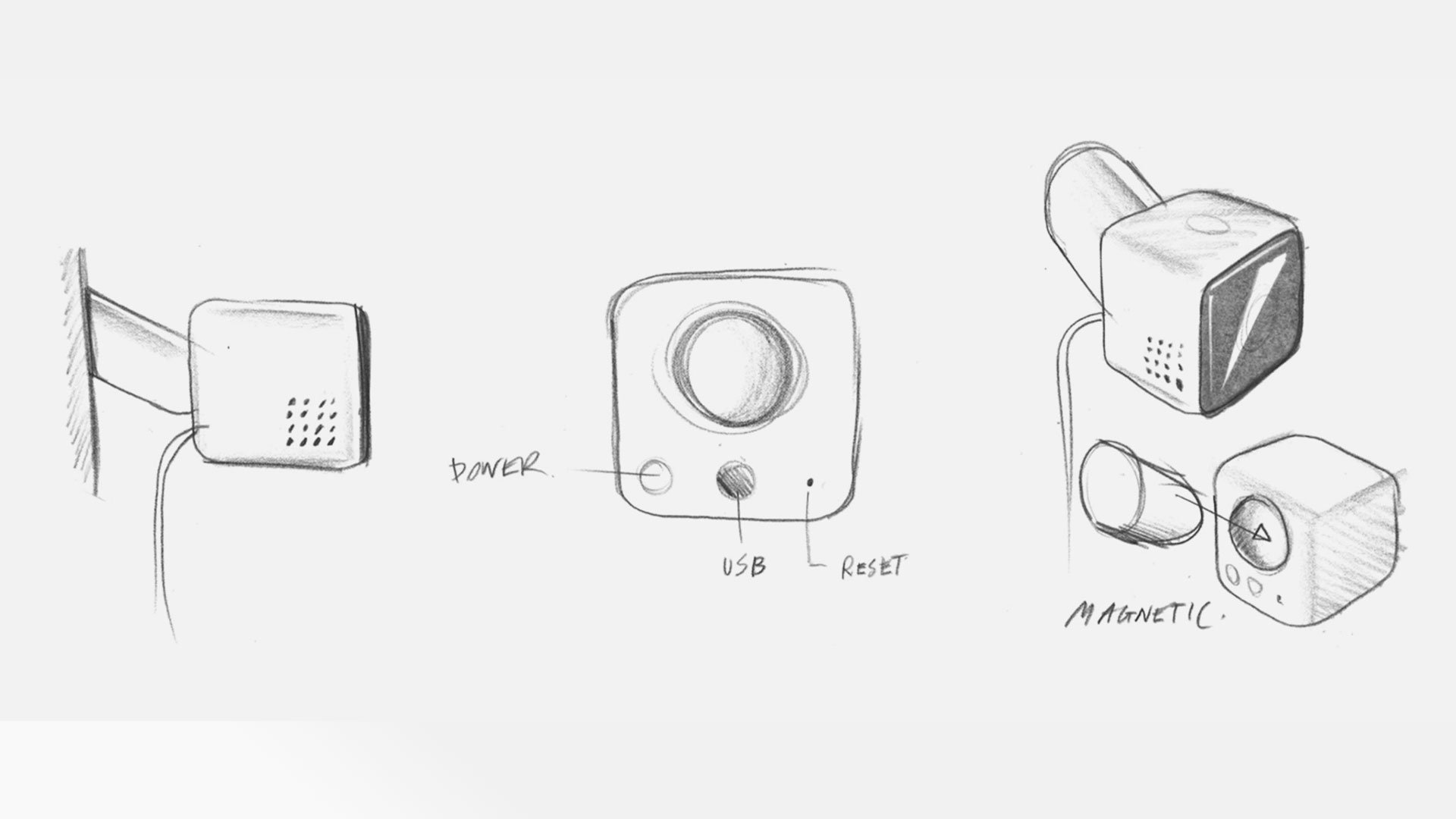 Hive View Outdoor security camera concept sketches showing wall-mount arm, front face labeling power, USB and reset, plus mag