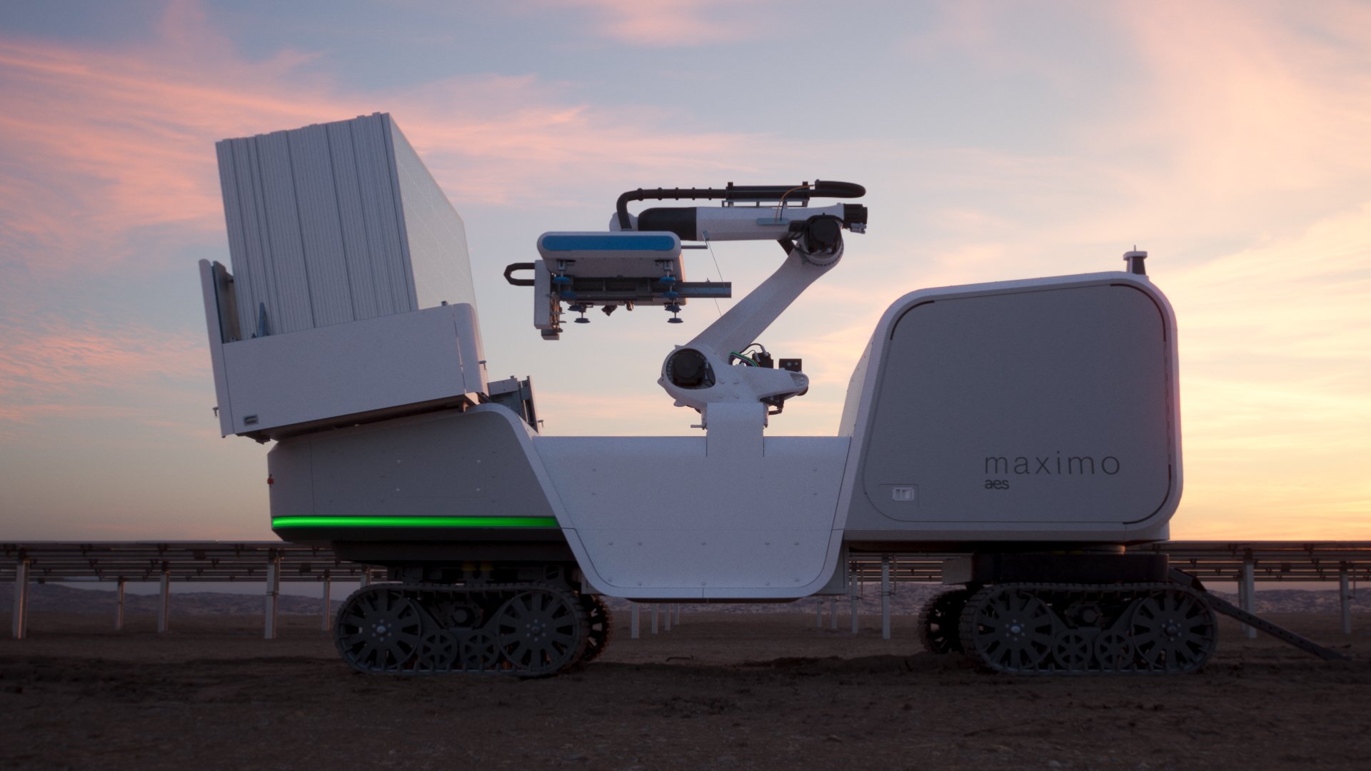 Side profile of the AES Maximo autonomous tracked solar panel installation robot at sunset, with green LED accent strip and a