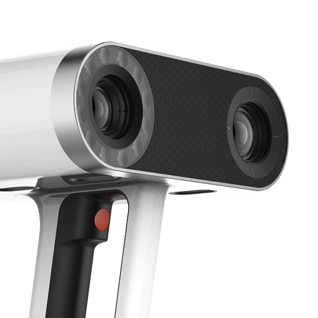 Two camera lenses on tripods, one with a red button