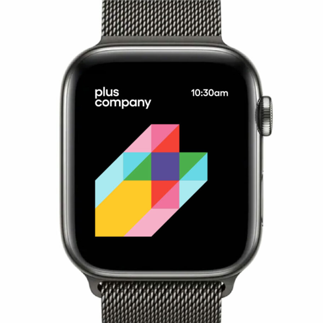 Black strap smartwatch with digital display showing colorful abstract design and time