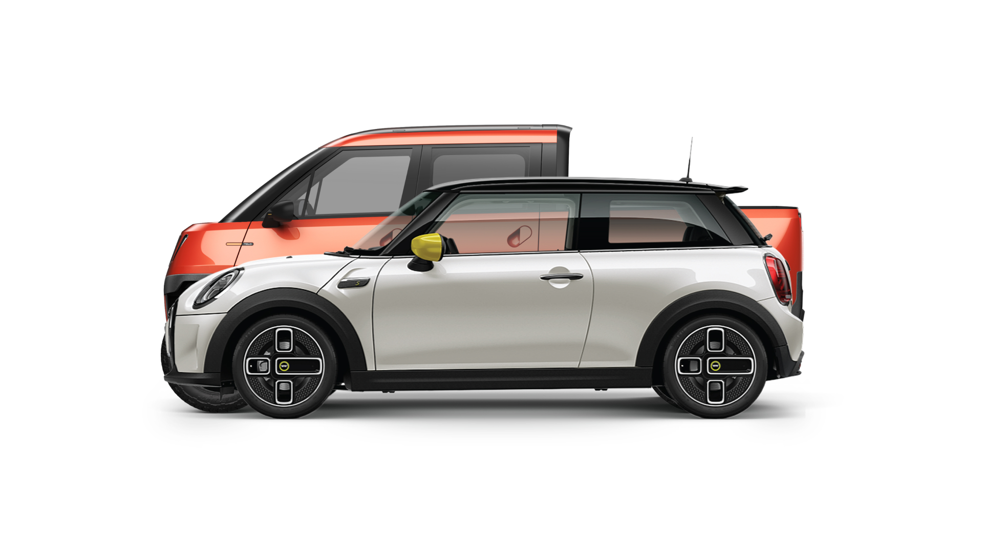 Silver car with red roof rack parked on a white background