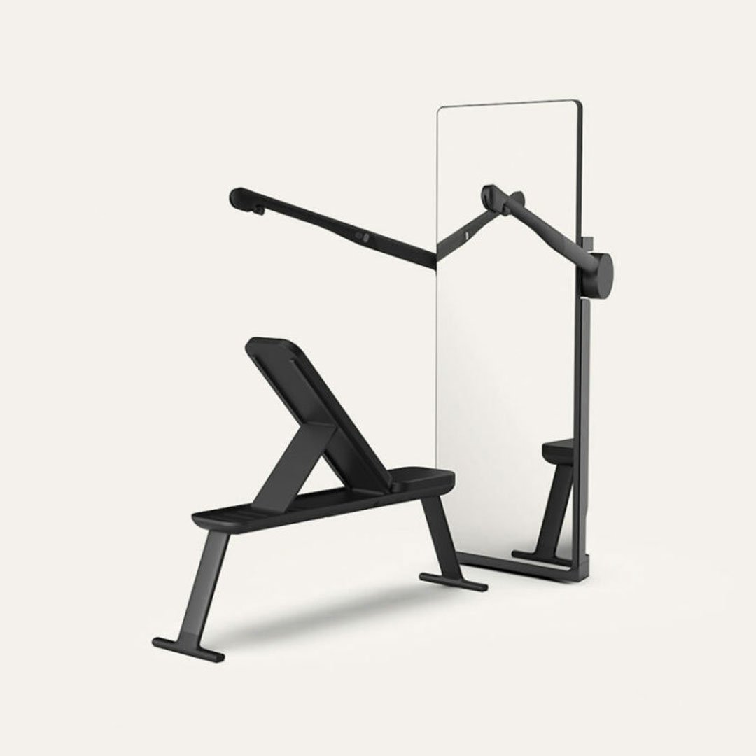 Modern home gym with black frame and adjustable weight bench