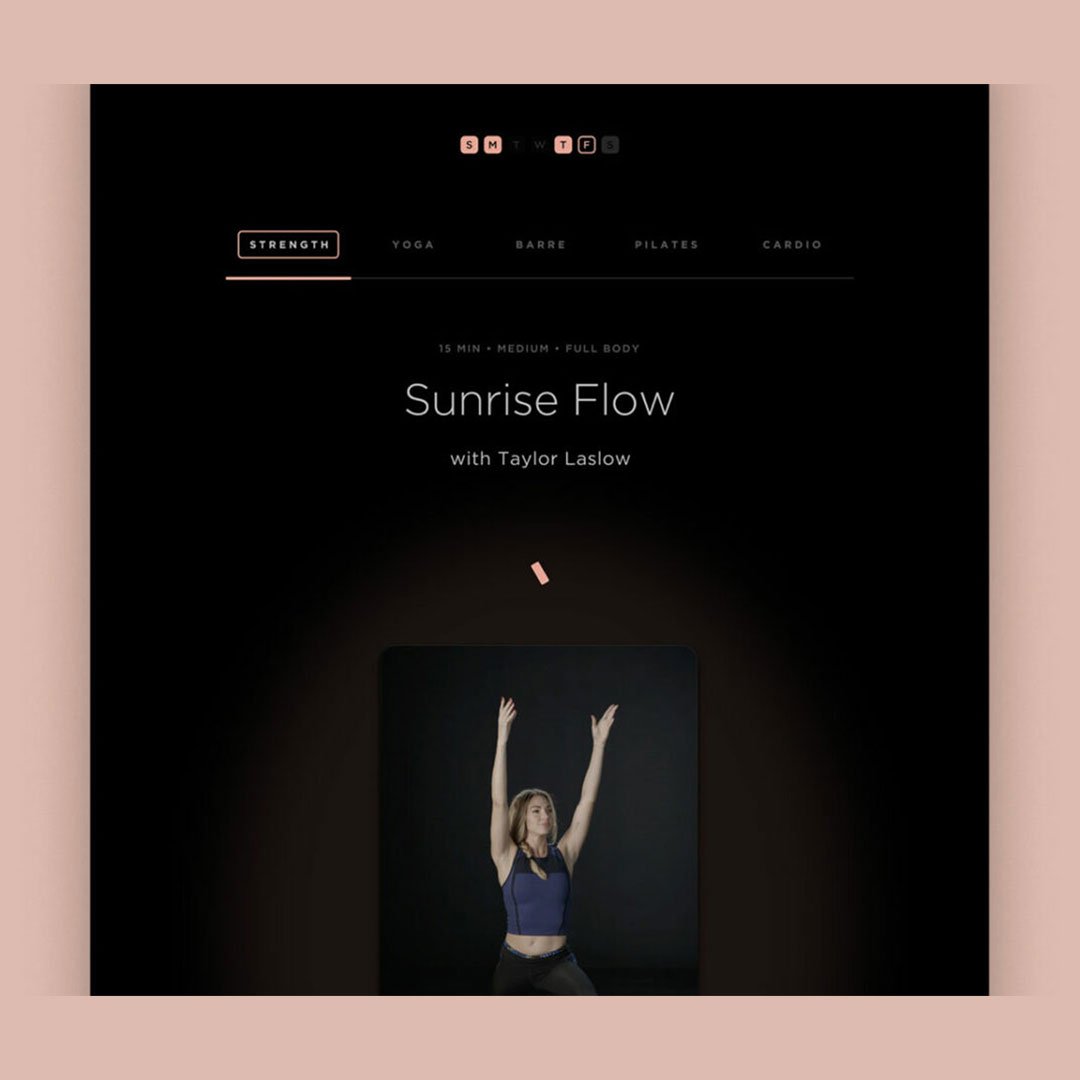 Woman in yoga pose on a webpage with dark background and light accents