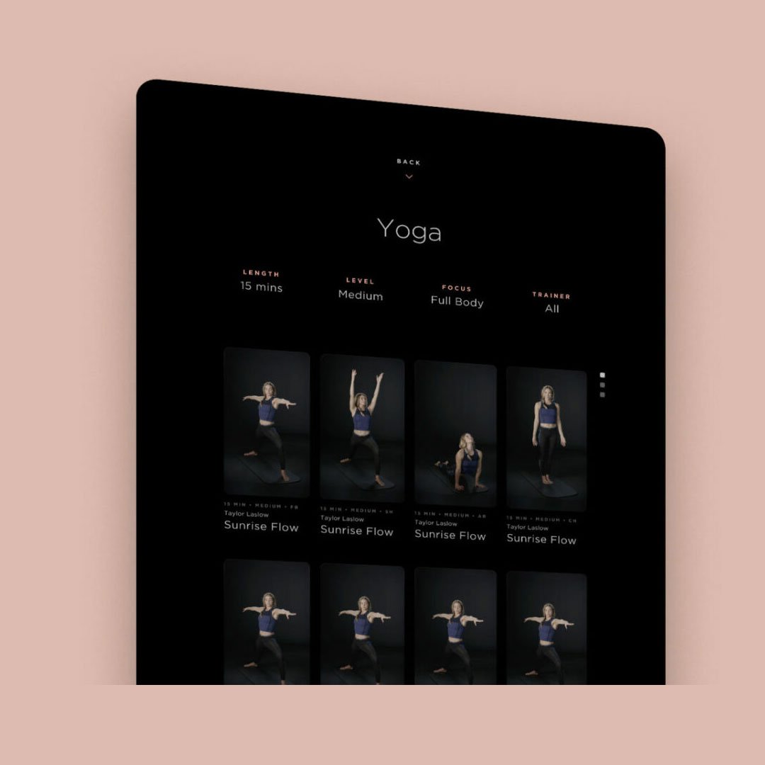 Yoga app interface on a tablet with various poses and labels