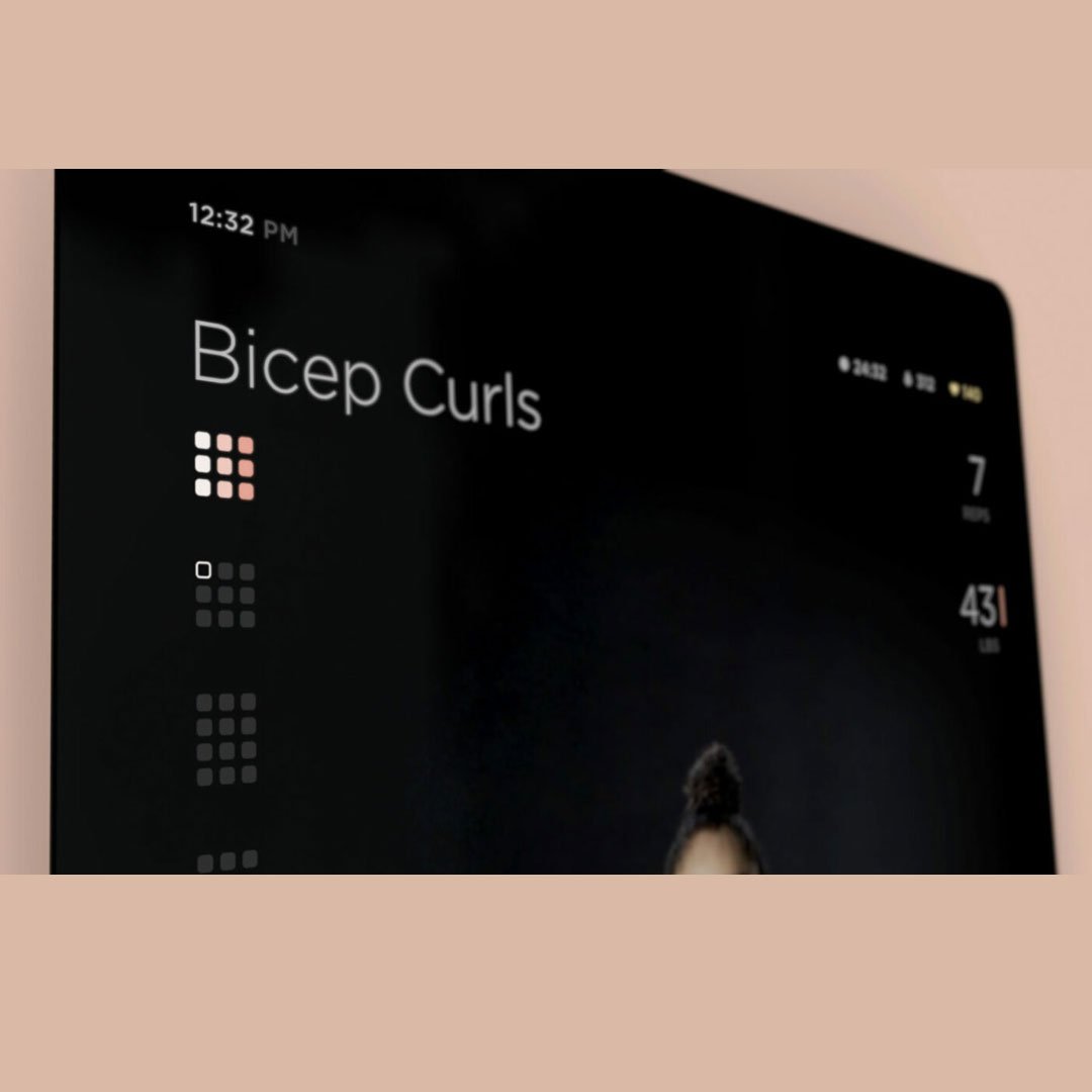 Mobile app screenshot with 'Bicep Curls' text and red dots on a dark background