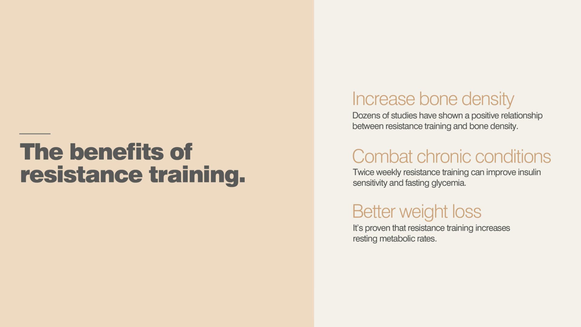 Beige background with black text listing benefits of strength training