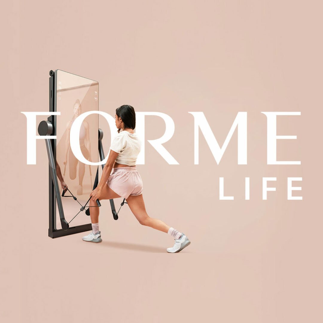 Person in white tank top and shorts holding weight, with FORMÉ LIFE text