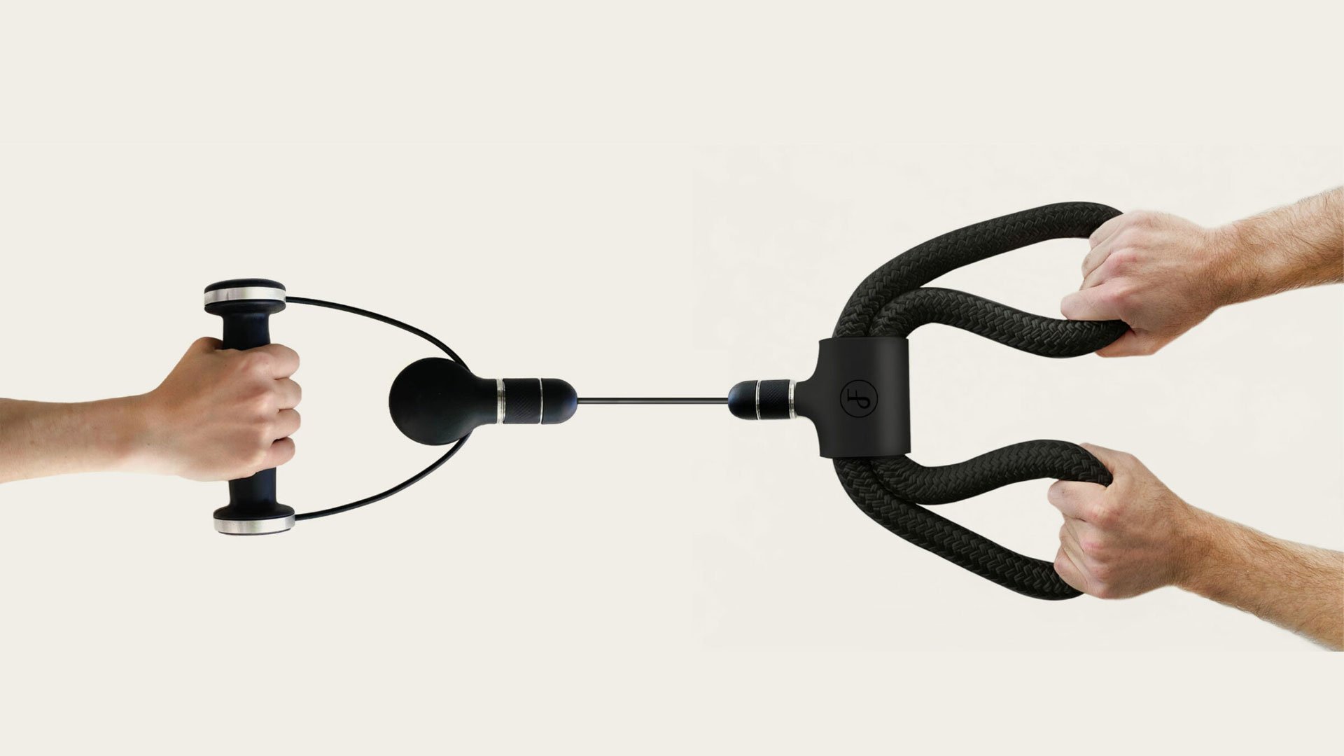 Two hands holding a black resistance band around a weightlifting barbell