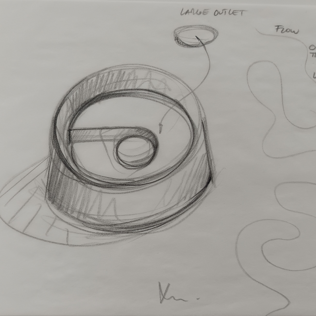 Pencil concept sketch by Yves Béhar for the Laufen faucet, depicting a top-down view of the circular outlet with Large Outlet
