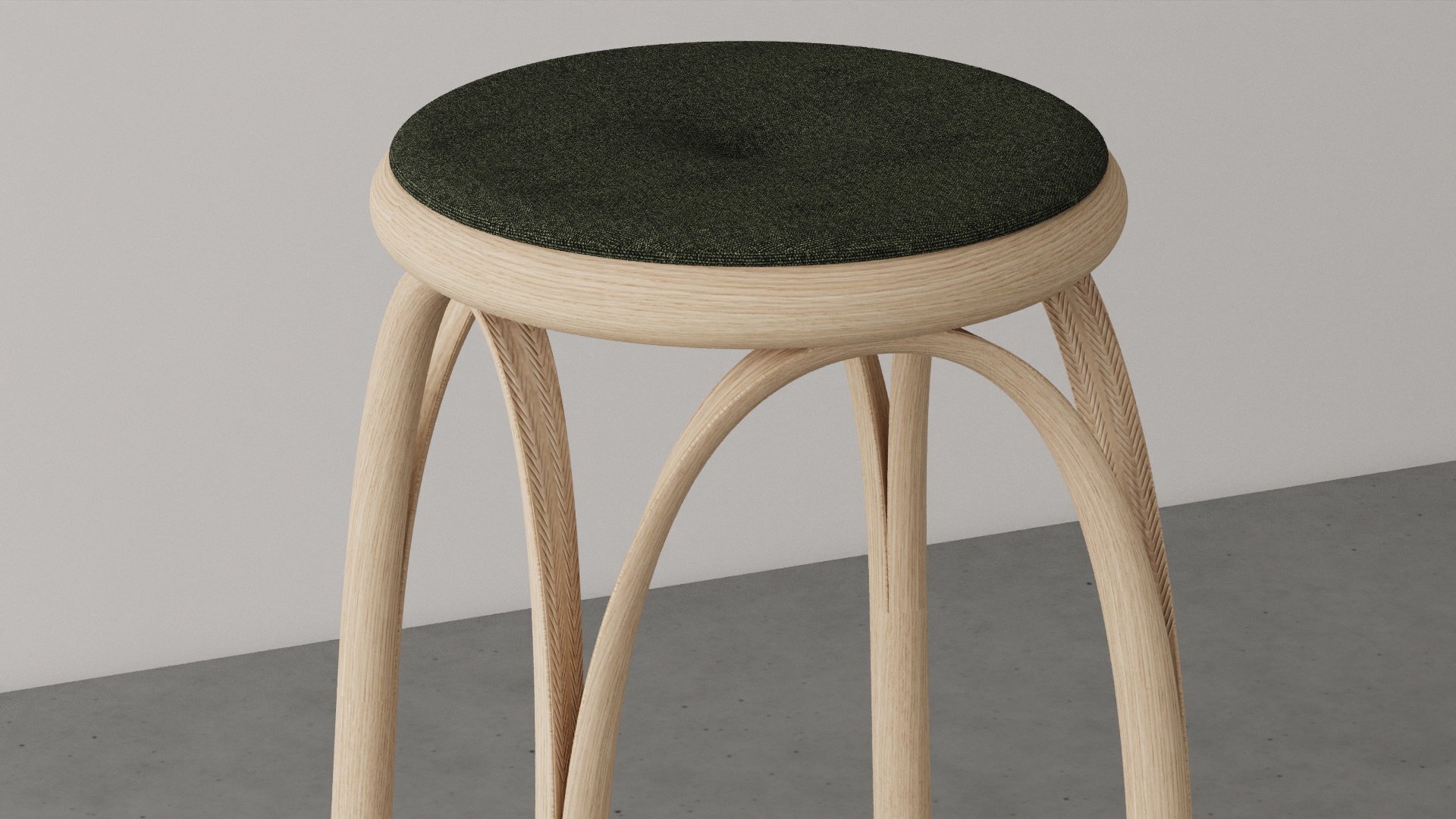 Zanat Rye stool by Yves Béhar with light ash wood bentwood ribbon legs and a round gray-green upholstered seat