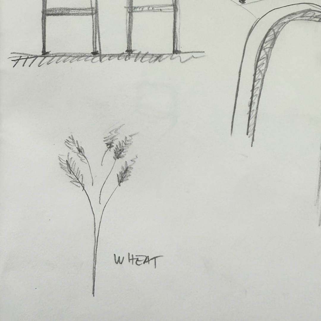Black and white architectural drawing of a building with archway and bridge