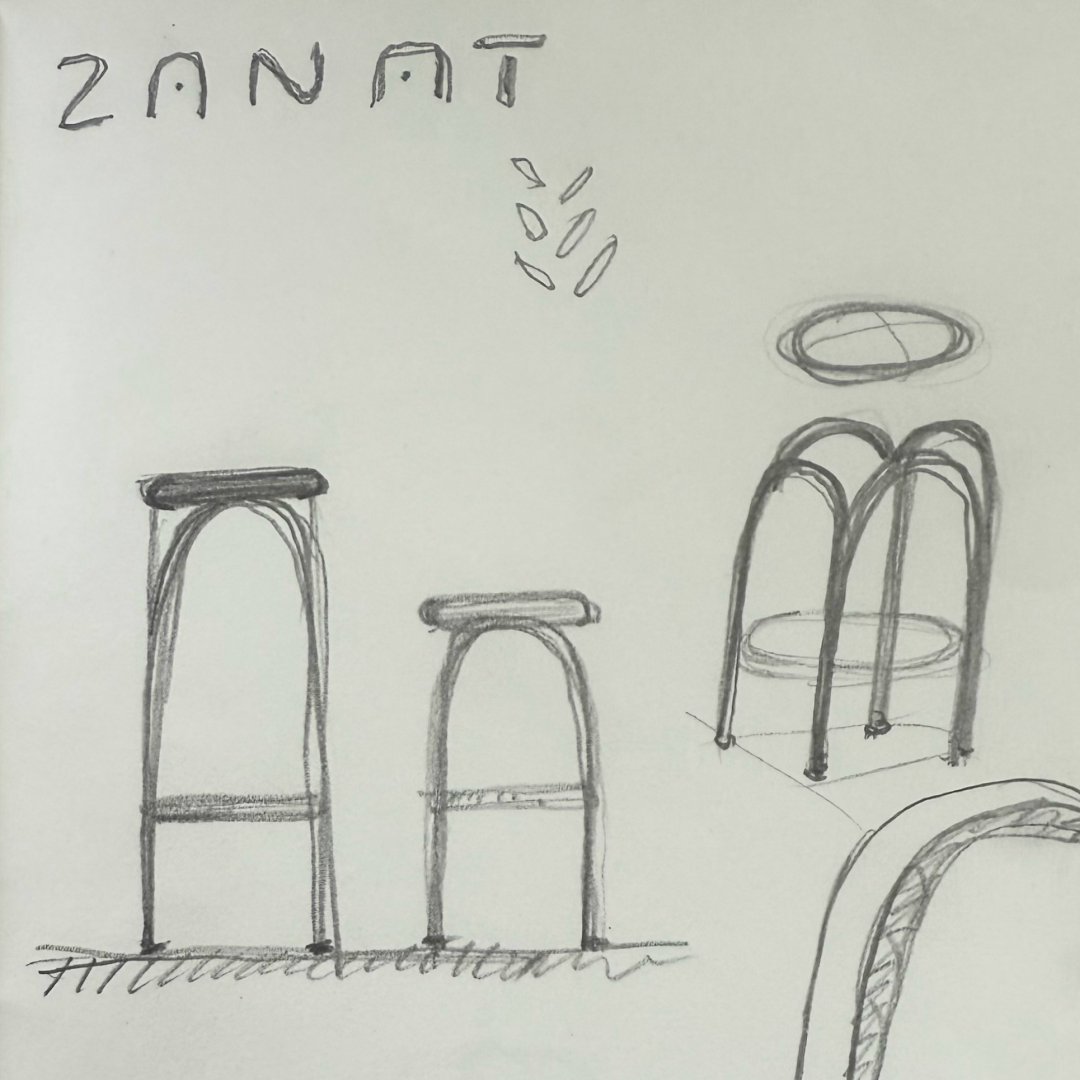 Black and white sketch of urban scene with three arches and a