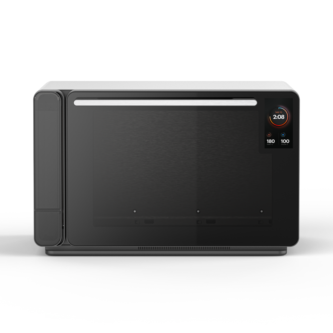 Black microwave oven with digital display and glass door