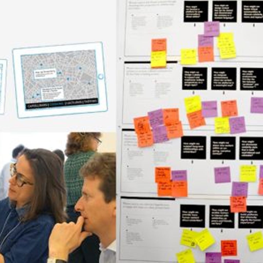 Whiteboard with flowchart and sticky notes, including map and script images