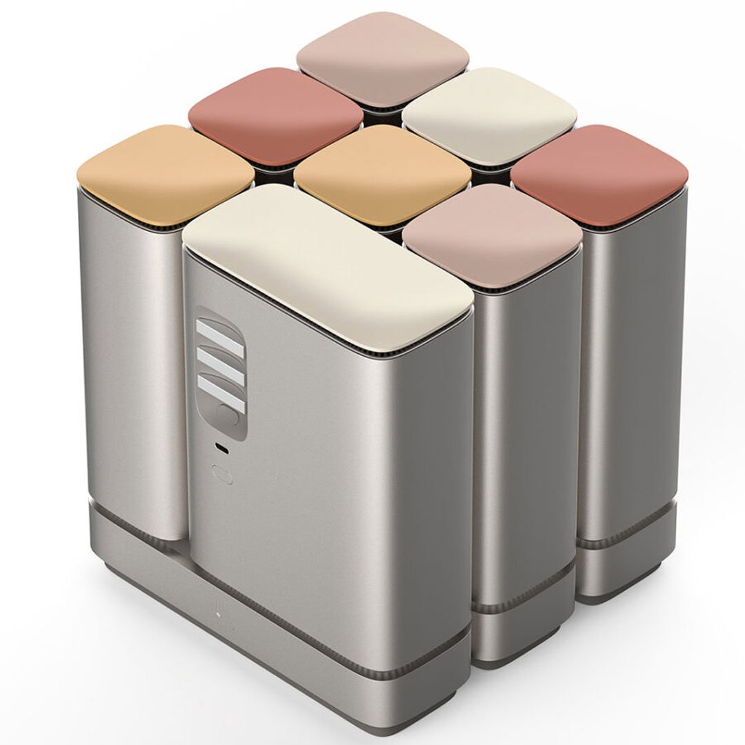 Functionland six portable chargers in white, pink, red, orange, yellow, and blue arranged in a cube formation