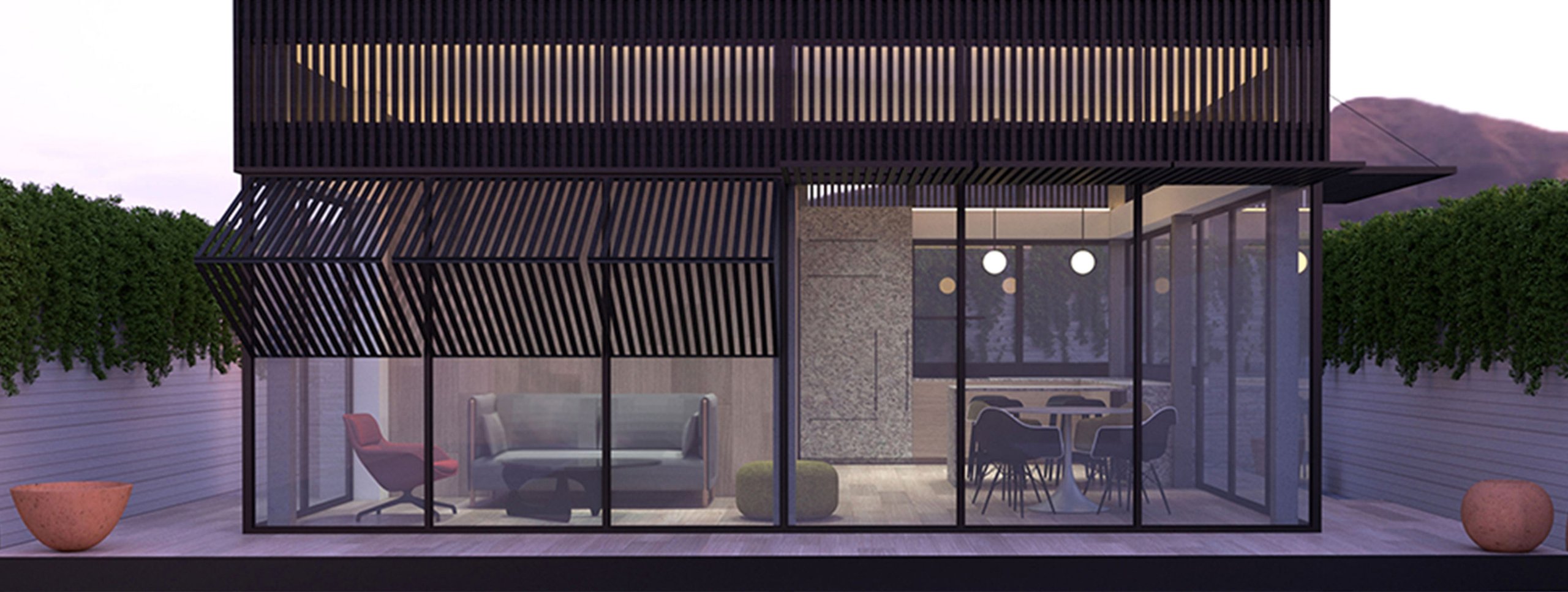 Modern house with dark wood exterior and large glass window