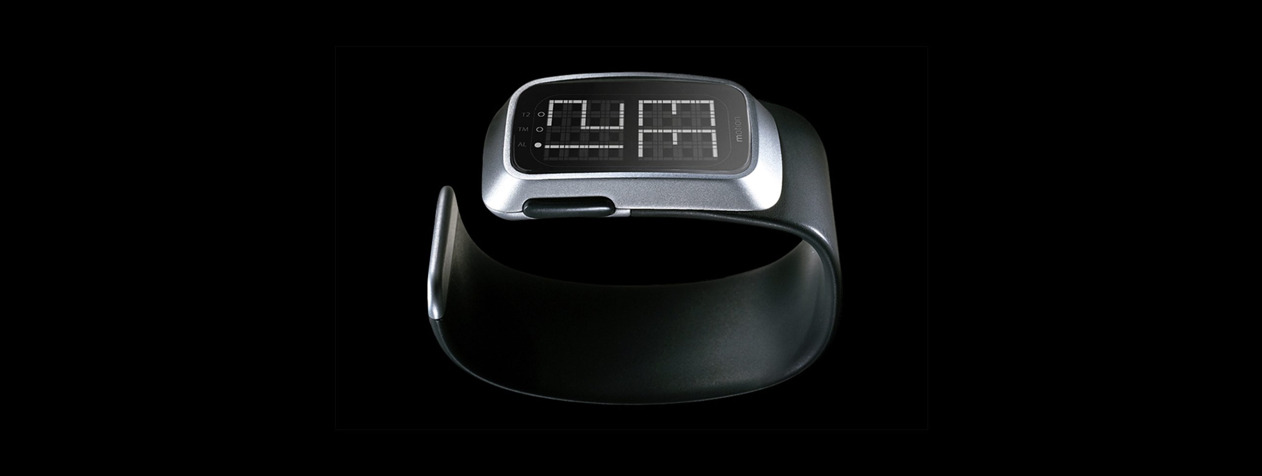 Black and silver digital watch with rectangular shape and rounded corners