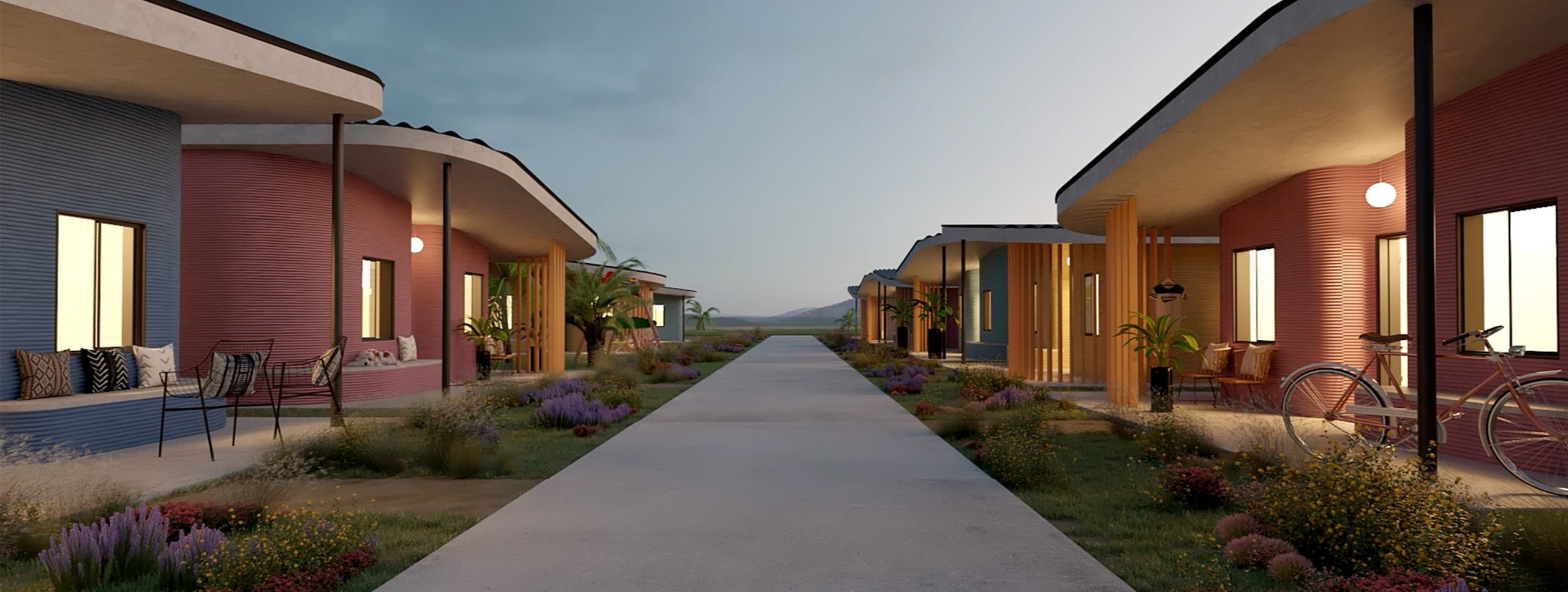 New Story modern residential housing complex with three identical low-roof buildings at dusk