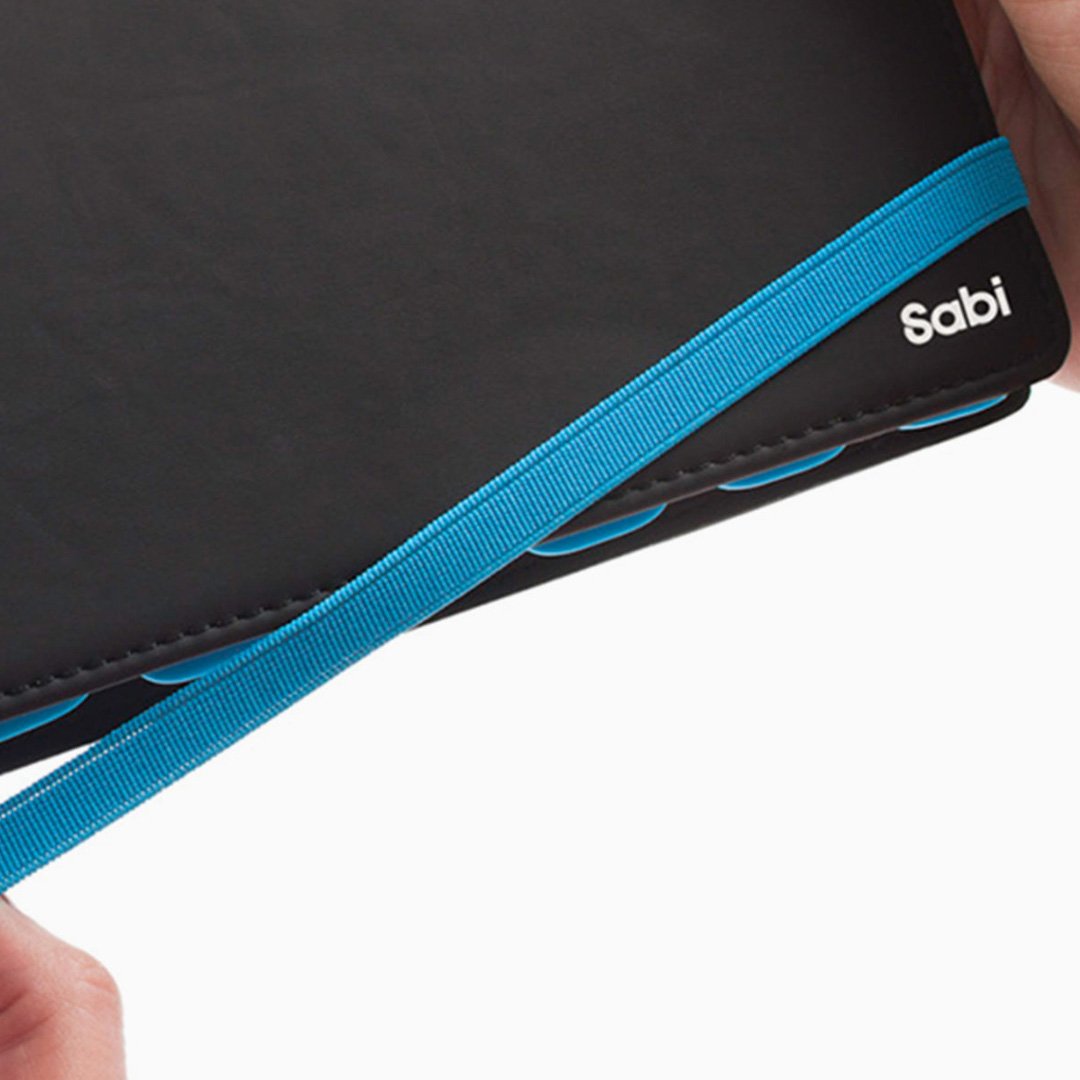 Black laptop case with blue trim and SABI branding