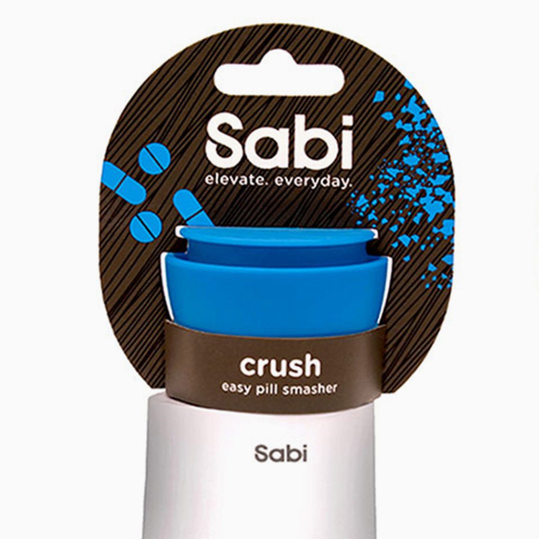 Blue and white packaging with 'SABI' logo and pill bottle illustration