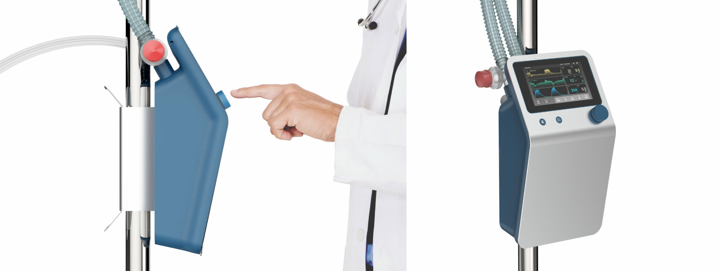 Medical equipment and personnel in a blue-labeled machine setting
