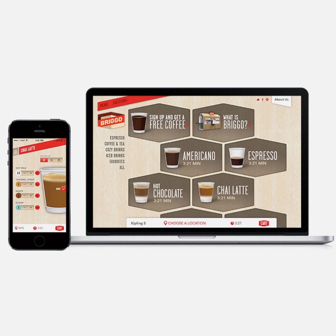Mobile menu with coffee and tea options on a wooden background
