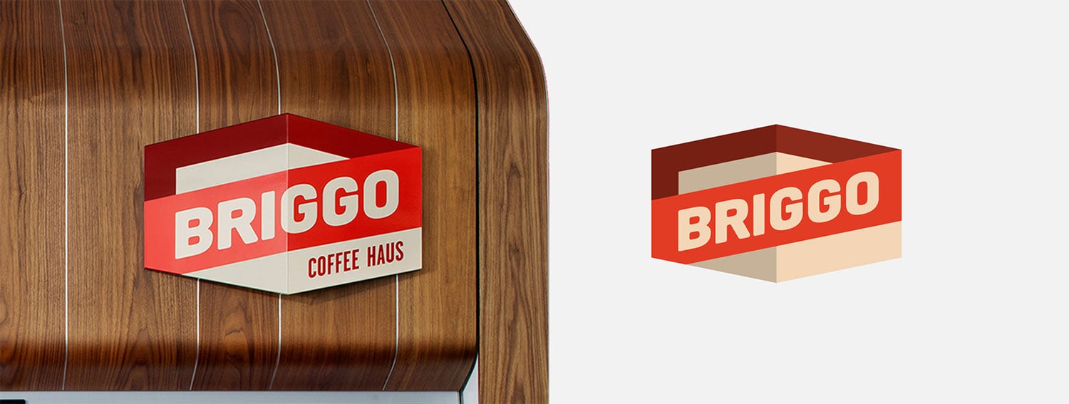 Two wooden-textured signs with red and white 'BRIGGO COFFEE' logos