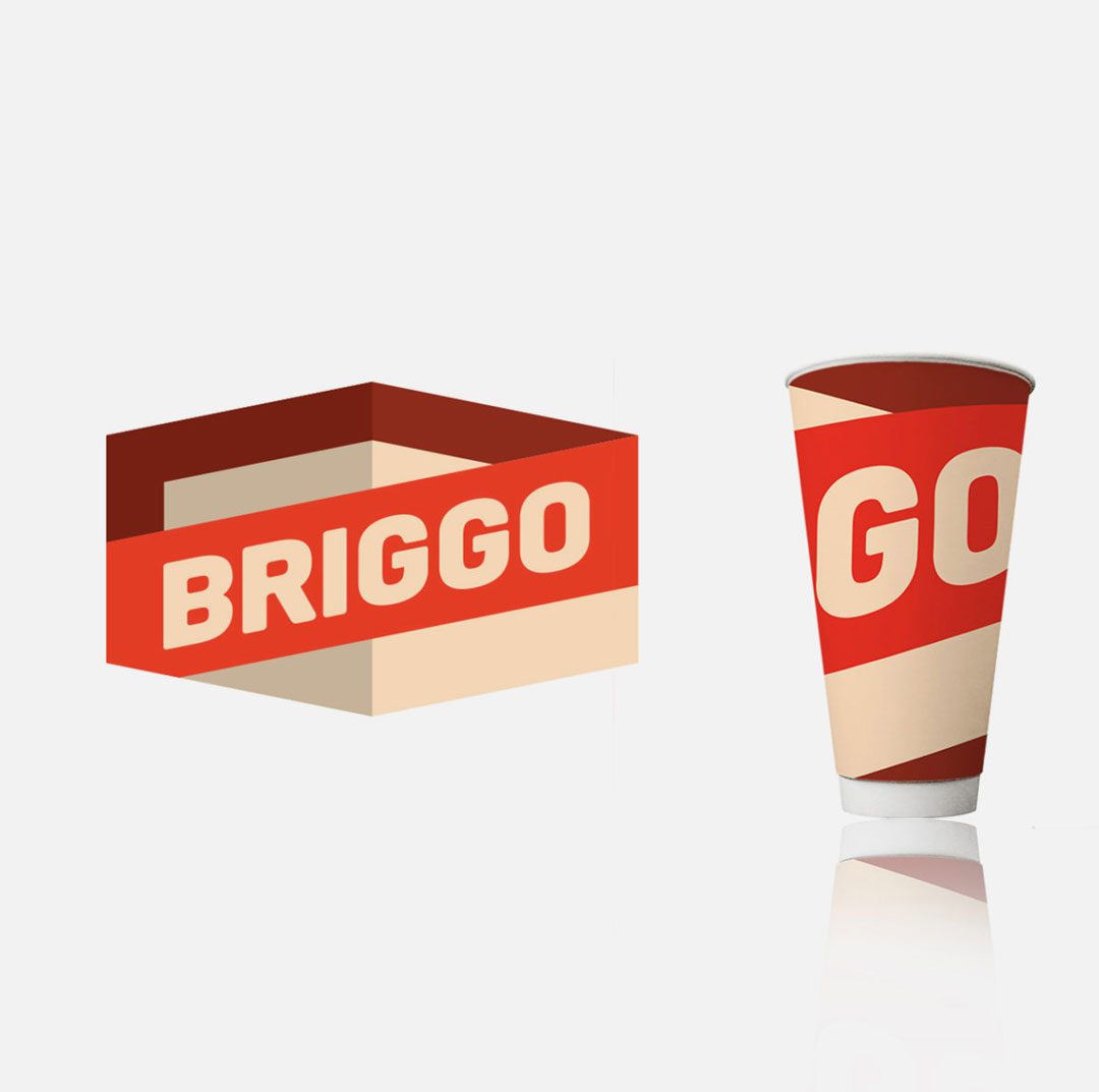 Red and white logo with a cup illustration on a white background
