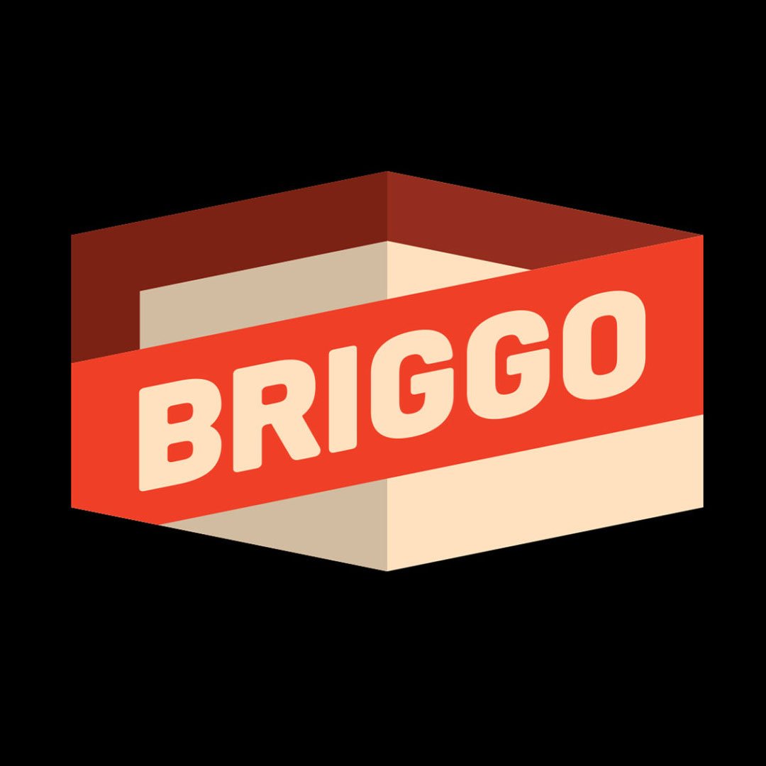 Red background with white 'Briggo' logo and stylized coffee cup letter