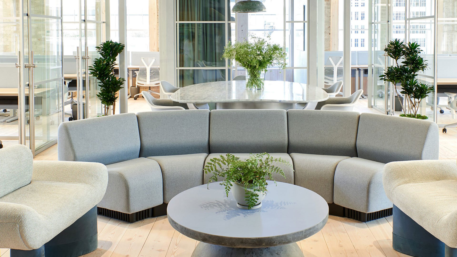 Canopy office living room with L-shaped sofa