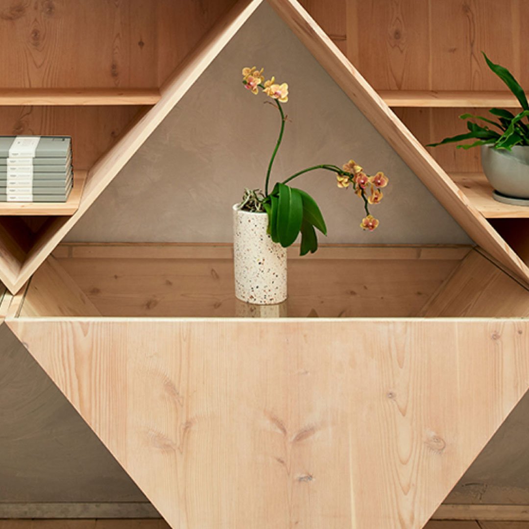 Canopy office beige interior with bookshelf wall