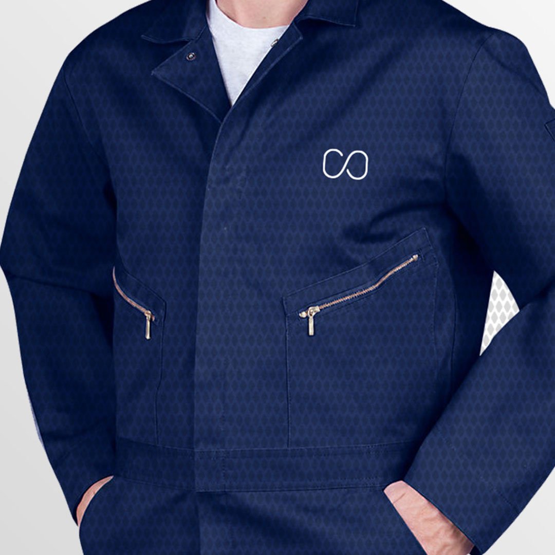 Two blue work jackets with gold zippers and pockets