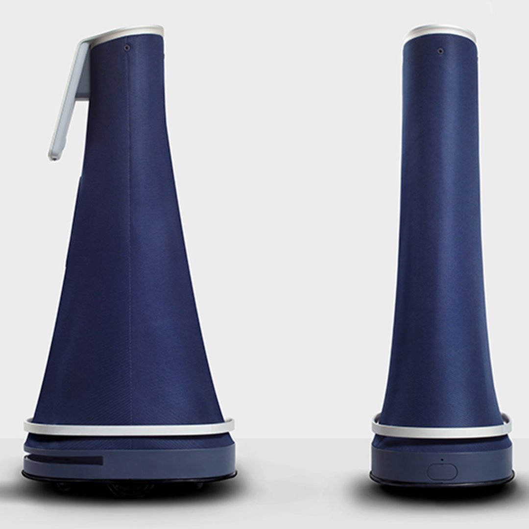 Three blue and white robotic vacuum cleaners on a white background