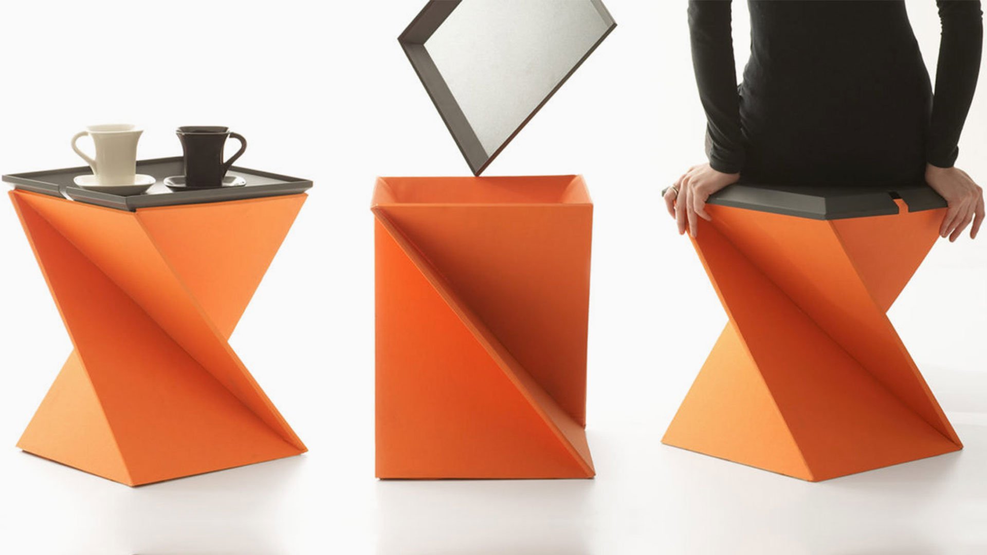 Orange geometric side table with black top and shelf in three settings