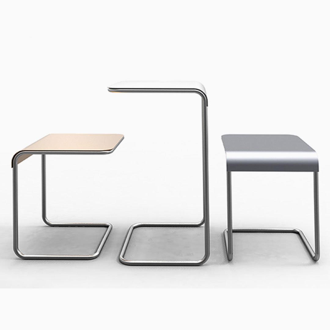 Three stools in blue, silver, and black with geometric shapes and metallic accents