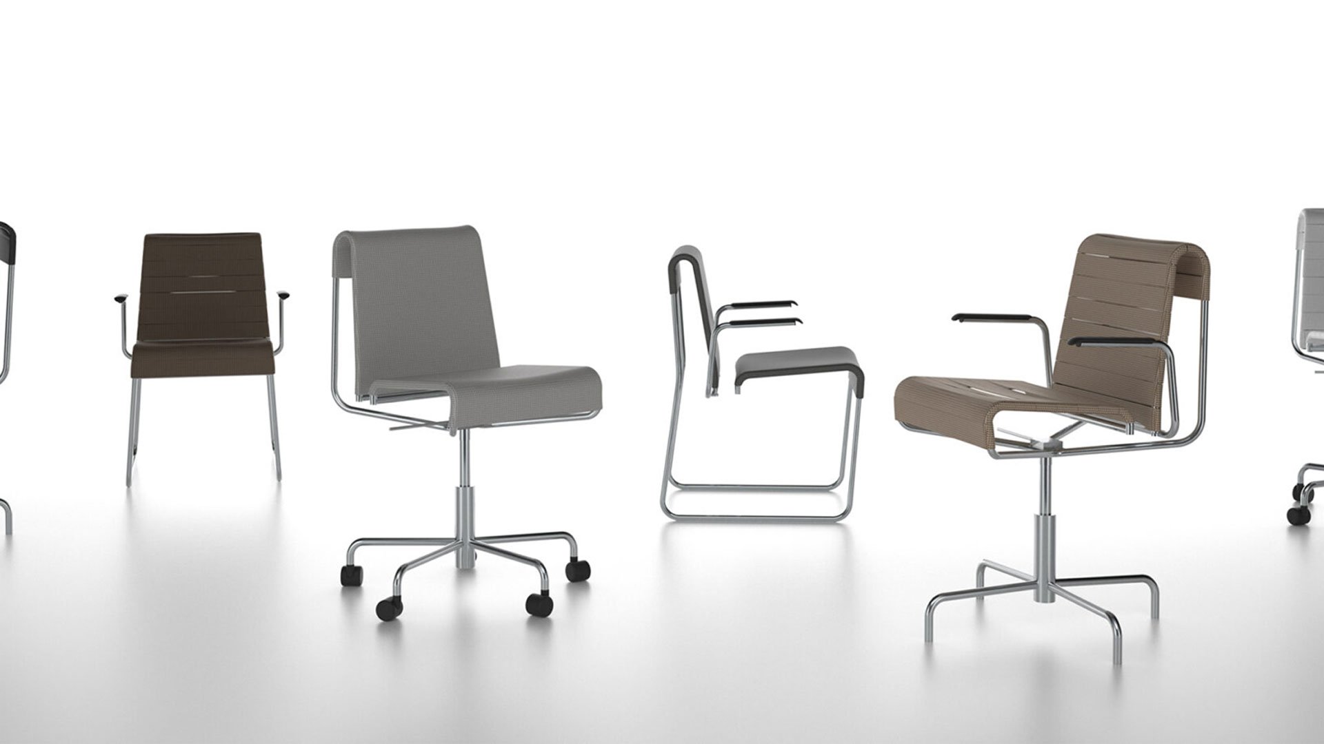 Four office chairs in different colors and designs against a white background