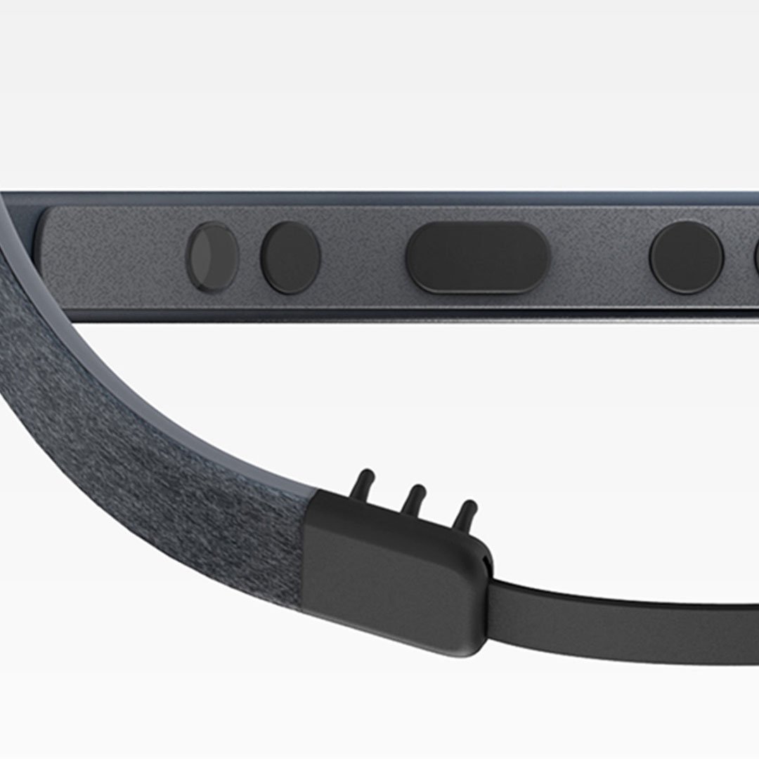 Black and gray VR goggles with buttons and sensor