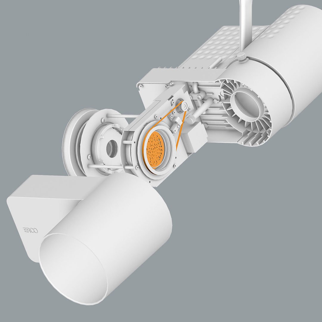 erco architectural lighting fixture rendering with internal mechanical components