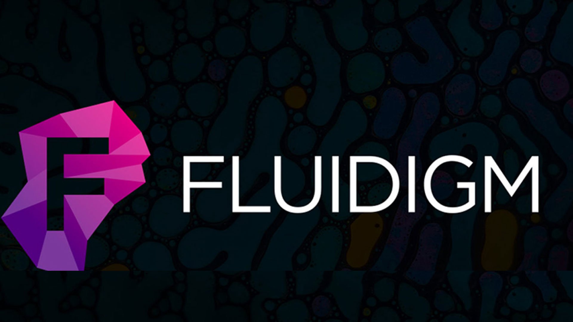 Fluidigm biotech branding logo on dark mosaic