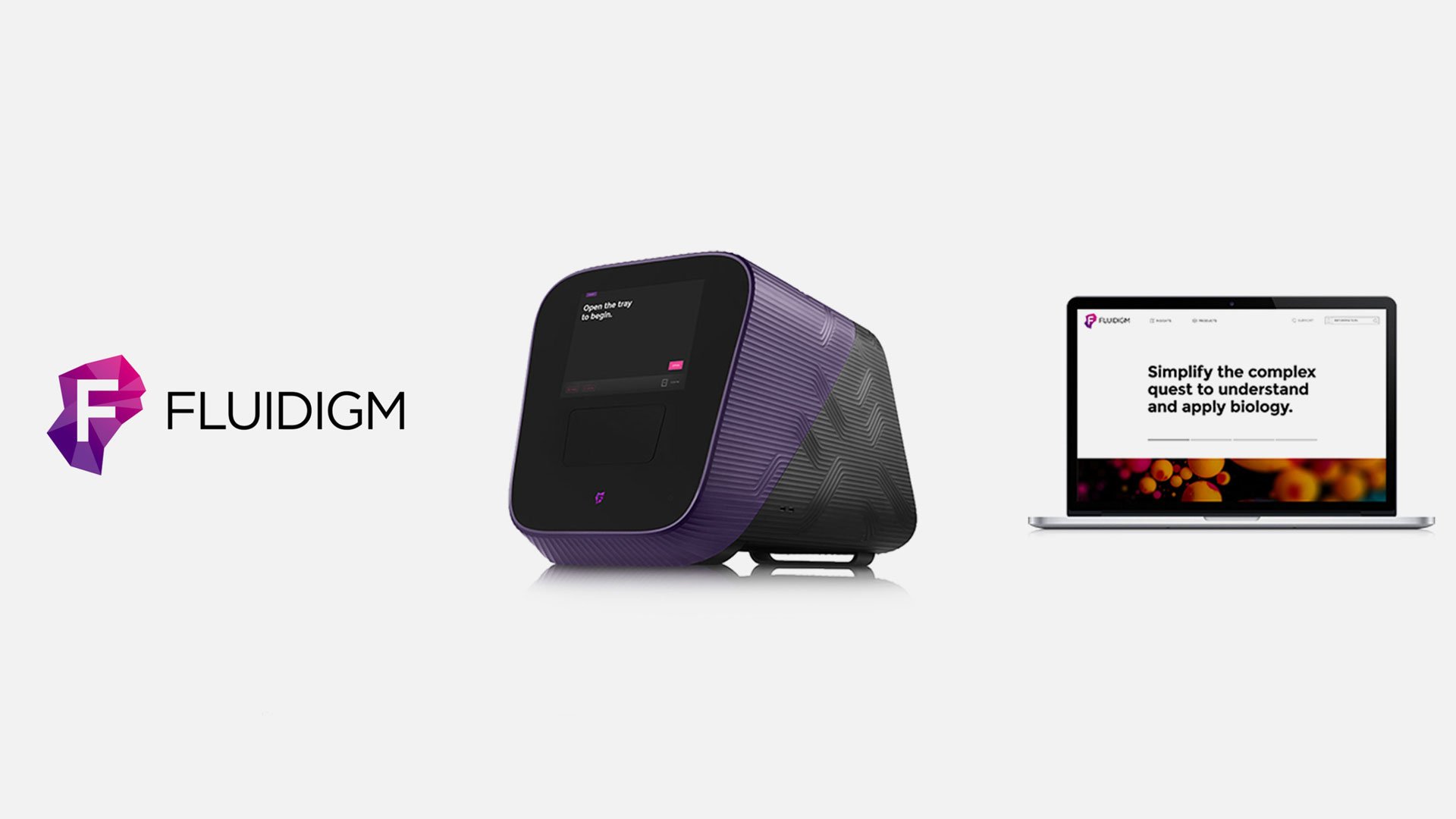 Fluidigm branded printer and laptop promotional graphic on dark background