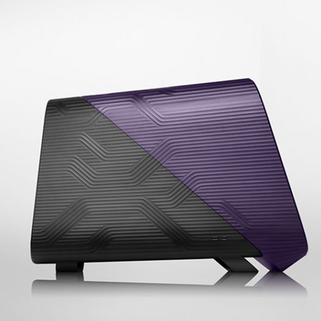 Purple external hard drive with black and white patterned design