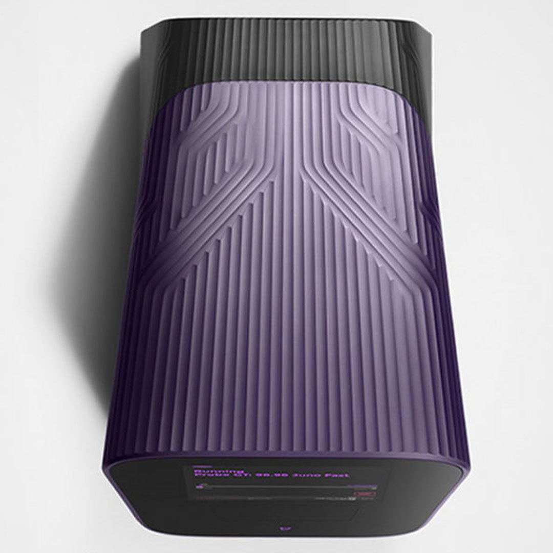 Purple and black external hard drive with textured surface
