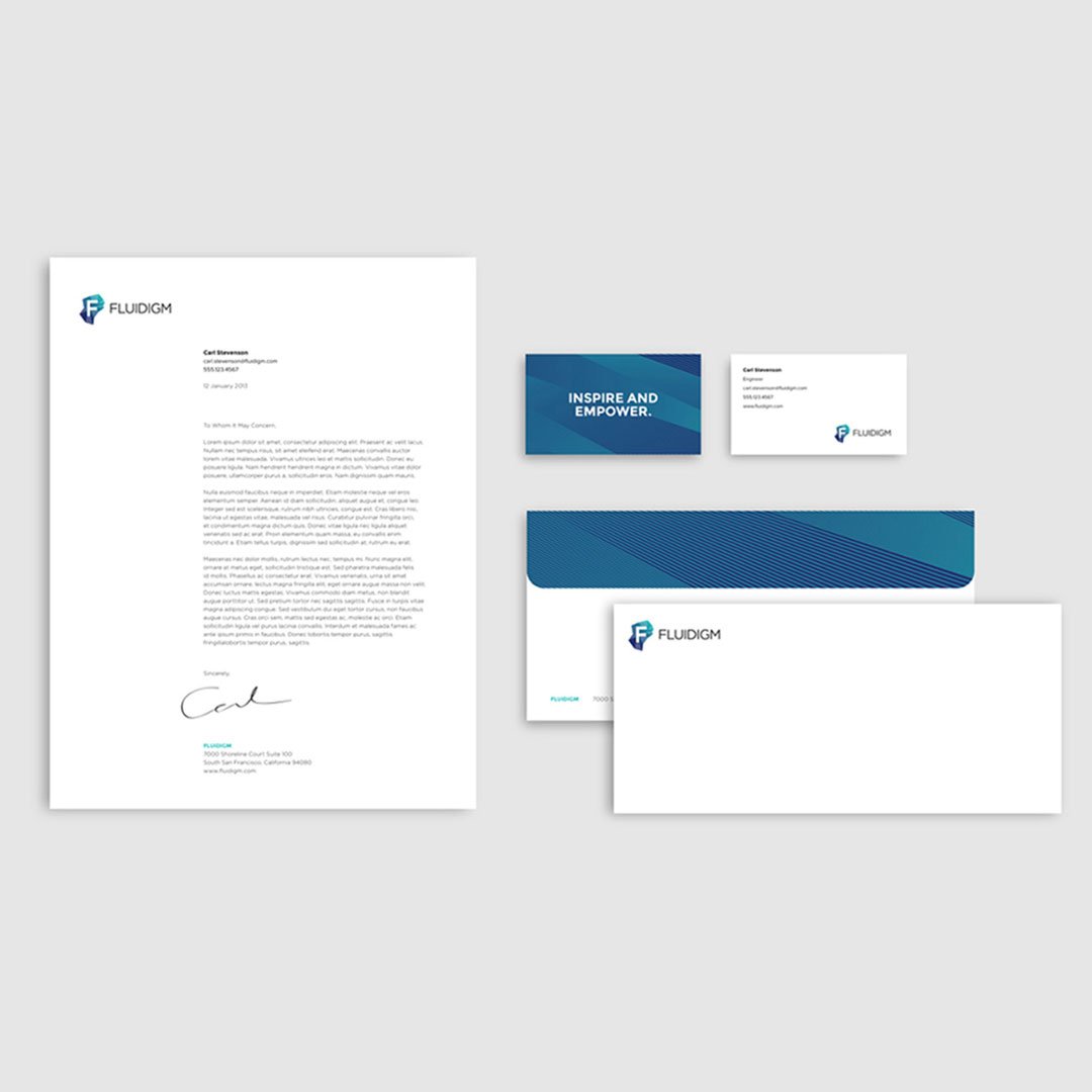 Business cards and stationery with blue and white FLEXION logo