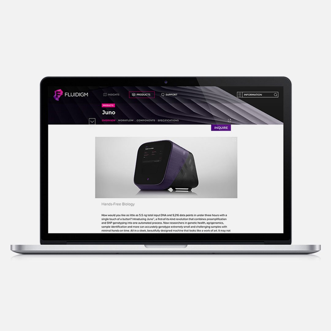 Fluidigm Juno product webpage displayed on a laptop screen