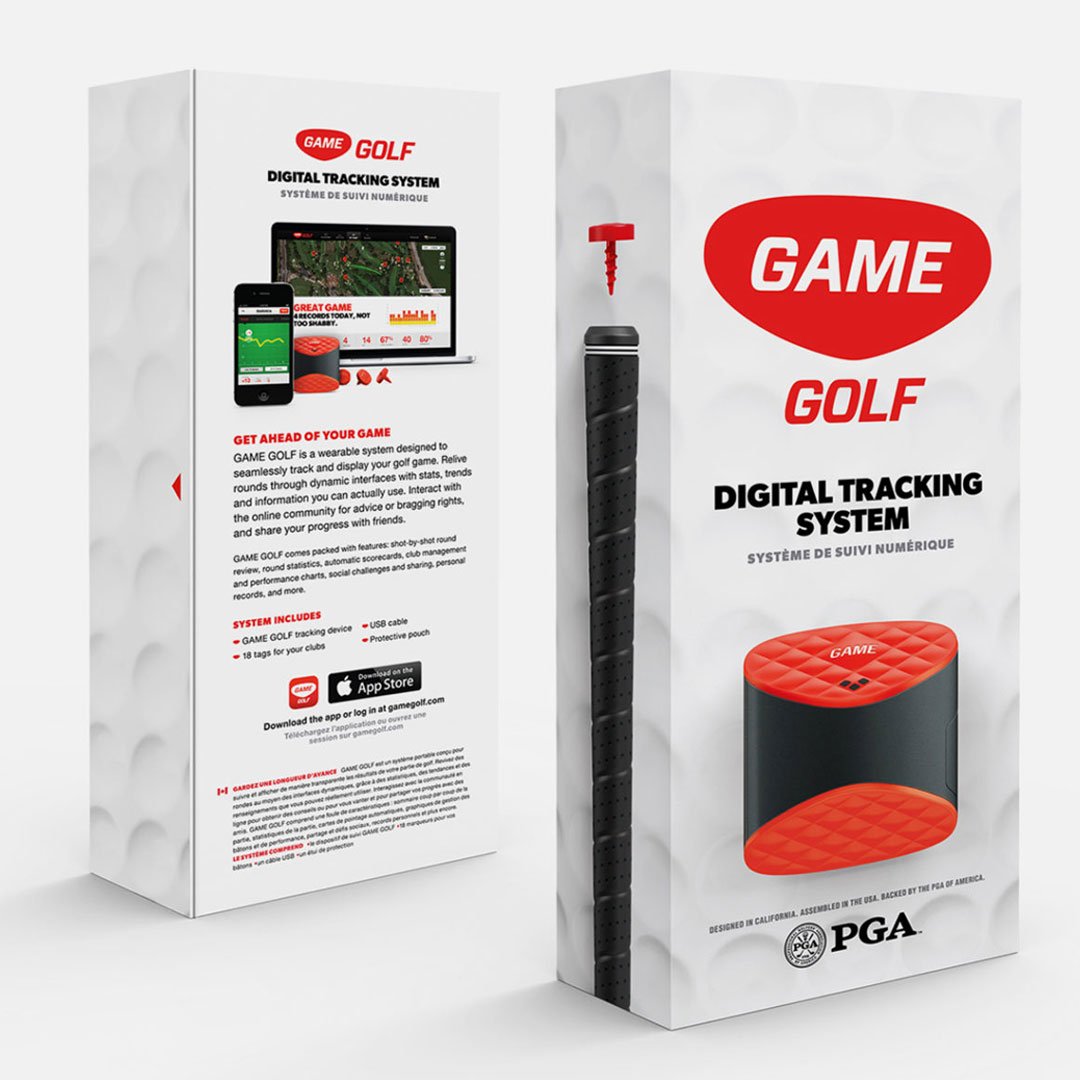 Golf game package with red and black accents, golf club illustration