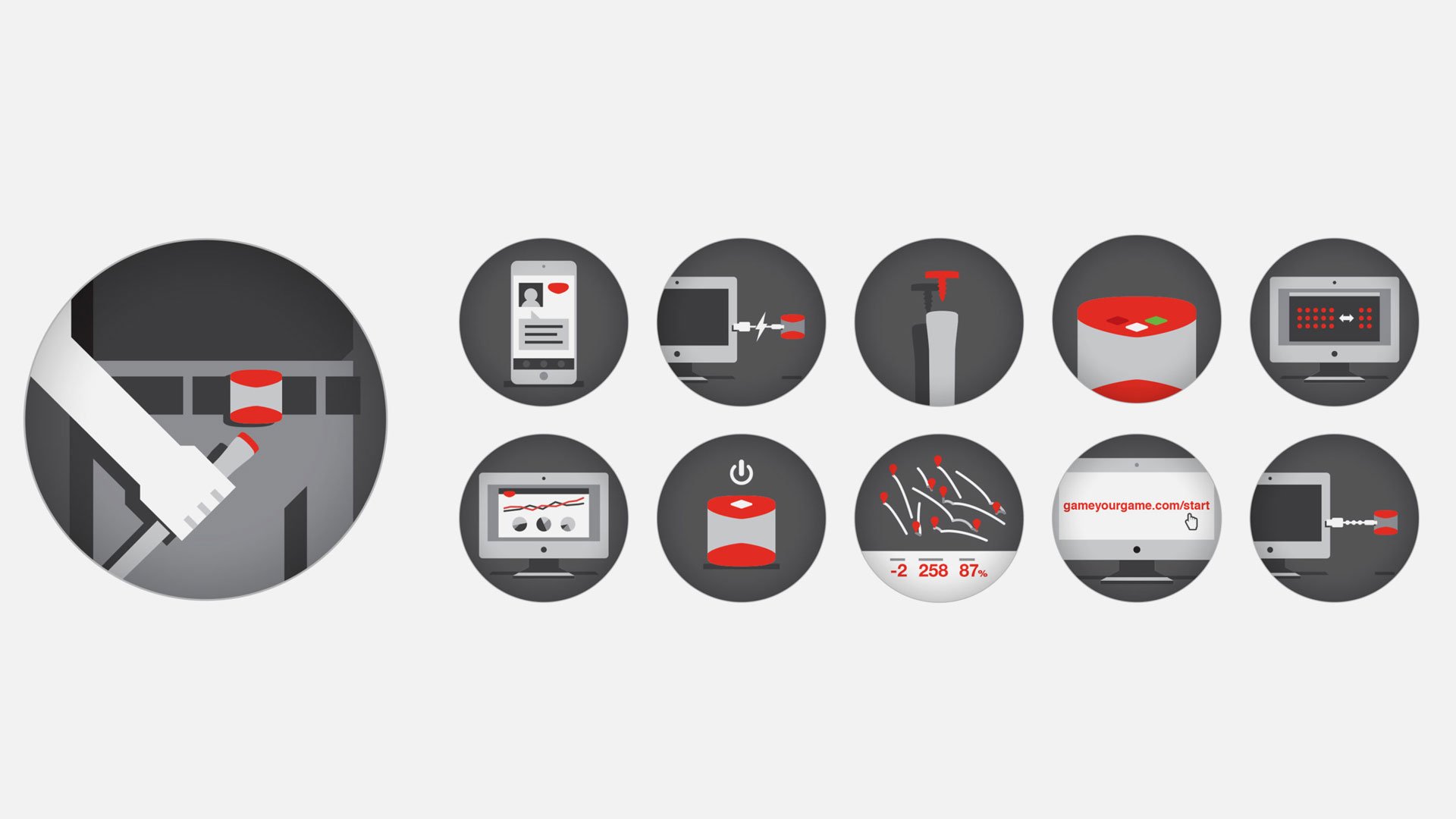Game Golf product feature icon set in red, black and white illustrating sensor, charging dock, putter tag, app screens, shot